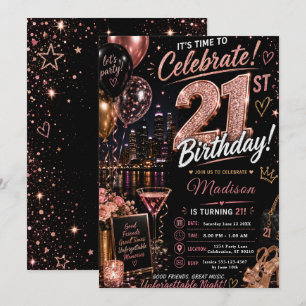 Rose Gold Glam Twenty‑First Birthday Invitation