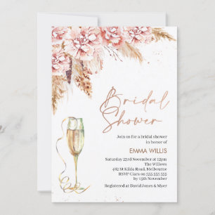 Rose Gold Glass Floral Pampas Grass Bridal Shower Invitation
