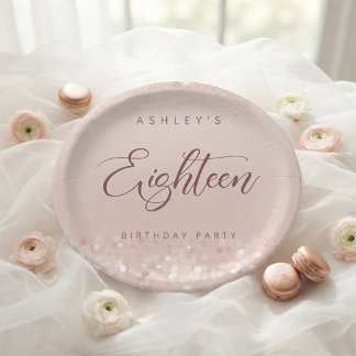 Rose Gold Glitter 18th Birthday Party Round Paper Plate