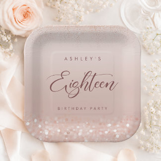Rose Gold Glitter 18th Birthday Party Square Paper Plate