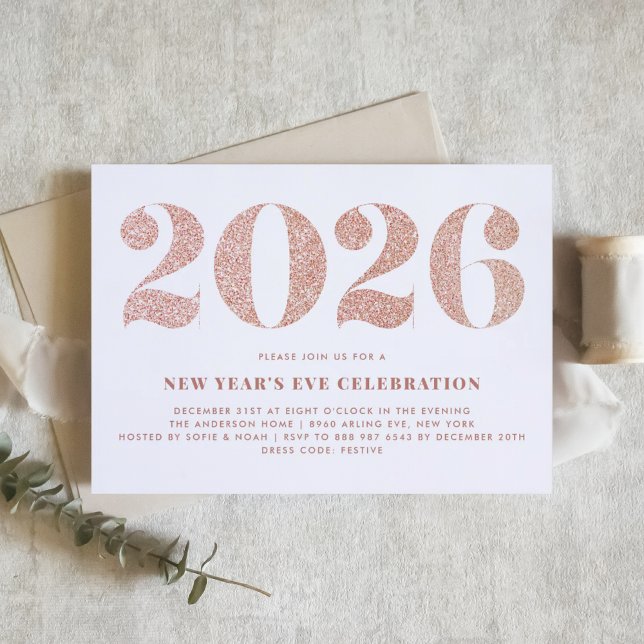 Rose Gold Glitter 2024 New Year's Eve Party Invitation (Customizable 2026 New Year's Eve party invitation featuring faux rose gold glitter.)