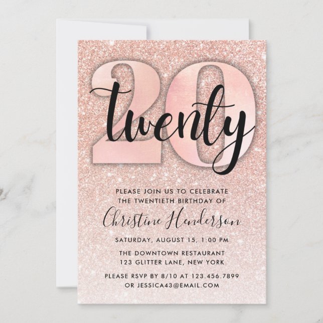 Rose Gold Glitter 20th Birthday Invitation (Front)
