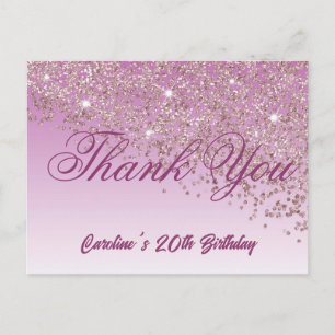 Rose Gold Glitter, 20th Birthday Thank You Postcard