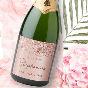 Rose Gold Glitter 21st Birthday Monogram Script Sparkling Wine Label
