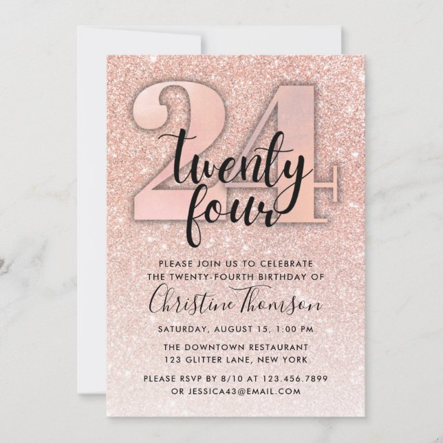Rose Gold Glitter 24th Birthday Invitation (Front)
