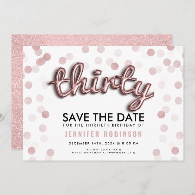 Rose Gold Glitter 30th Birthday Save The Date Invitation (Front/Back)