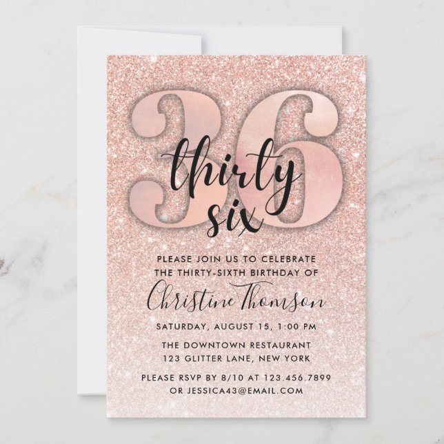 Rose Gold Glitter 36th Birthday Invitation (Front)