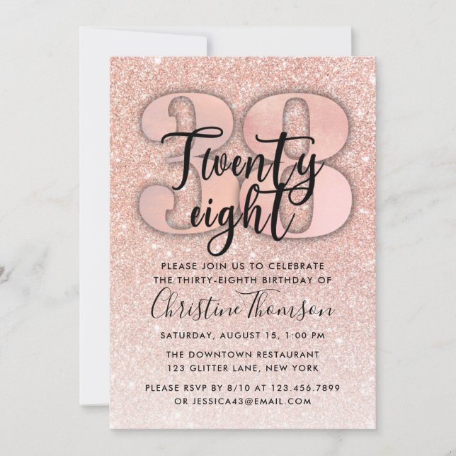 Rose Gold Glitter 38th Birthday Invitation (Front)