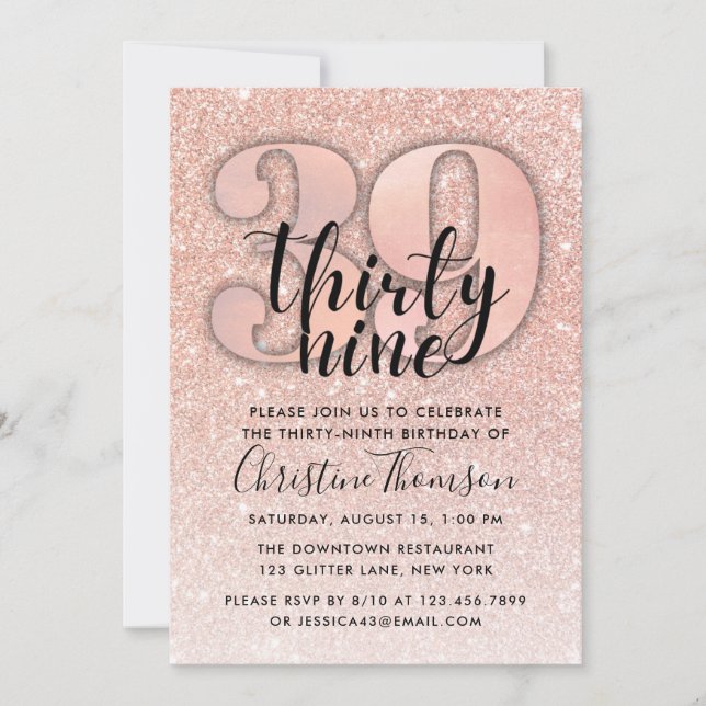 Rose Gold Glitter 39th Birthday Invitation (Front)