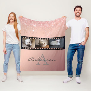 Rose Gold Glitter 3 Photo Film Strip Collage Fleece Blanket