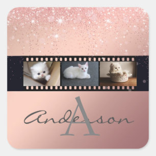 Rose Gold Glitter 3 Photo Film Strip Collage Square Sticker