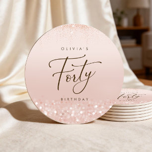 Rose Gold Glitter 40th Birthday Party Round Coaster