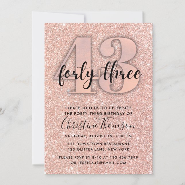 Rose Gold Glitter 43rd Birthday Invitation (Front)
