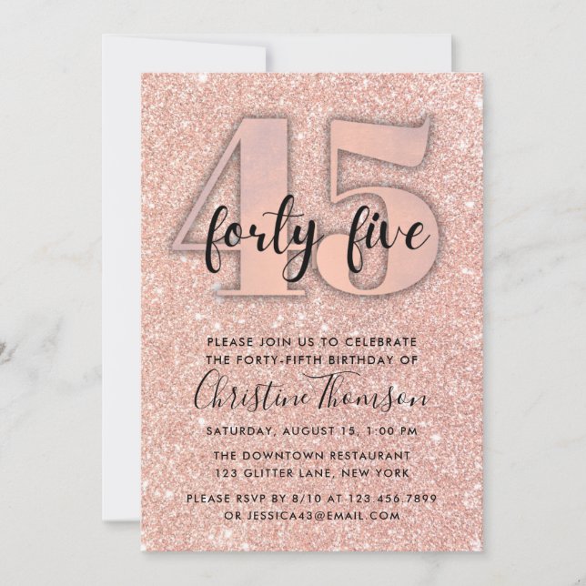 Rose Gold Glitter 45th Birthday Invitation (Front)