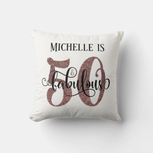 Rose Gold Glitter 50 & Fabulous Birthday on White Cushion