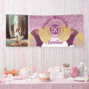 Rose Gold Glitter 50th Birthday & Balloons Banner