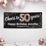 Rose Gold Glitter 50th Birthday Banner<br><div class="desc">Elegant fiftieth birthday party banner featuring a stylish black background that can be changed to any colour,  rose gold sparkly glitter,  fifty rose gold hellium balloons,  and a modern 50th birthday celebration text template that is easy to personalise.</div>