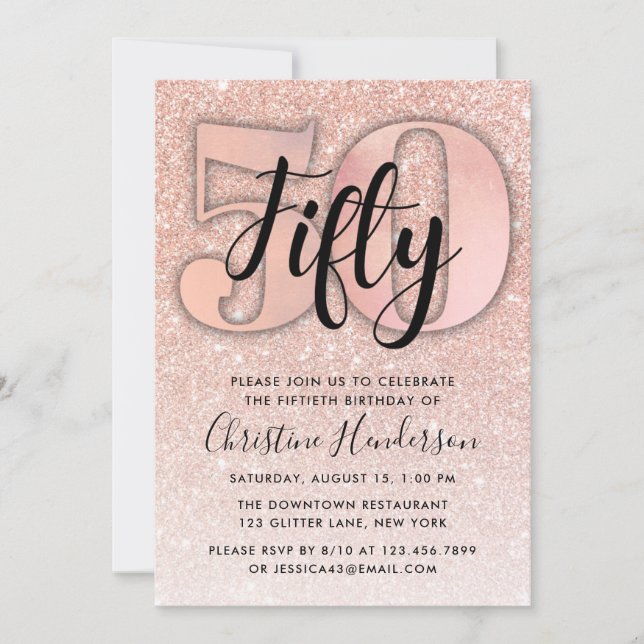 Rose Gold Glitter 50th Birthday Invitation (Front)