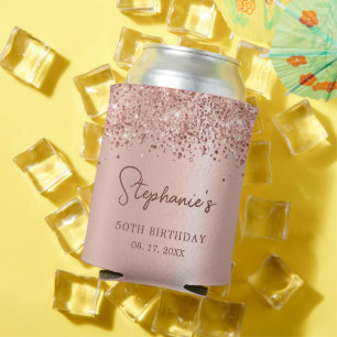 Rose Gold Glitter 50th Birthday Monogram Script  Can Cooler