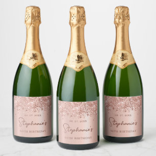 Rose Gold Glitter 50th Birthday Monogram Script Sparkling Wine Label