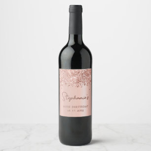Rose Gold Glitter 50th Birthday Monogram Script Wine Label