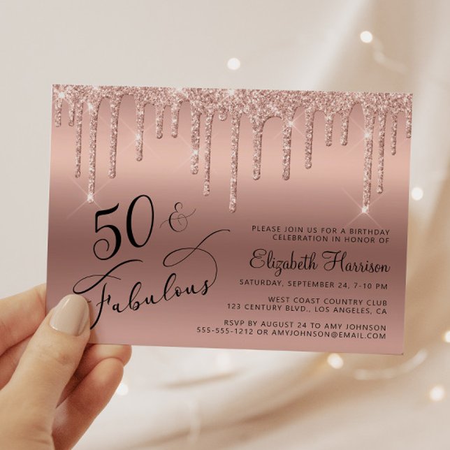 Rose Gold Glitter 50th Birthday Party Invitation (Creator Uploaded)