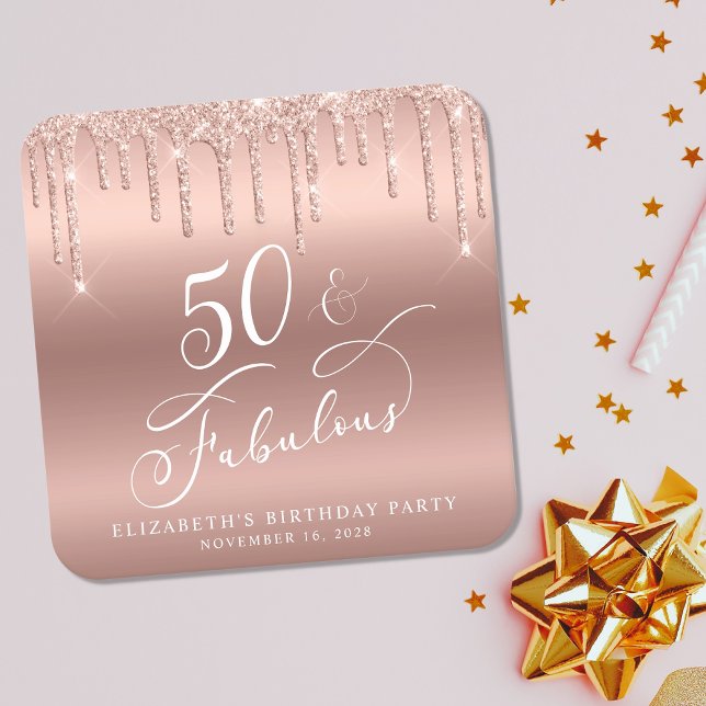 Rose Gold Glitter 50th Birthday Party Square Paper Coaster (Creator Uploaded)