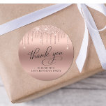 Rose Gold Glitter 50th Birthday Party Thank You Classic Round Sticker<br><div class="desc">Chic sticker for your 50th birthday party correspondence and party favours with "Thank You" in an elegant calligraphy script,  a rose gold faux foil background and rose gold faux glitter.</div>