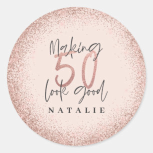 Rose gold glitter 50th birthday thank you favour classic round sticker