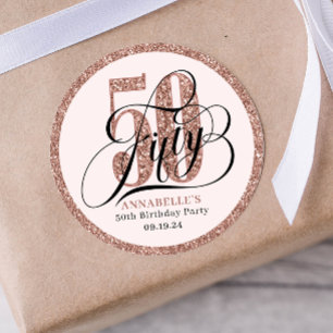 Rose Gold Glitter 50th Birthday Typography Classic Round Sticker