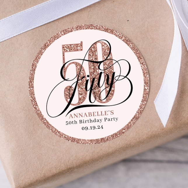Rose Gold Glitter 50th Birthday Typography Classic Round Sticker (Creator Uploaded)