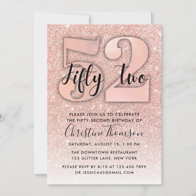 Rose Gold Glitter 52nd Birthday Invitation (Front)