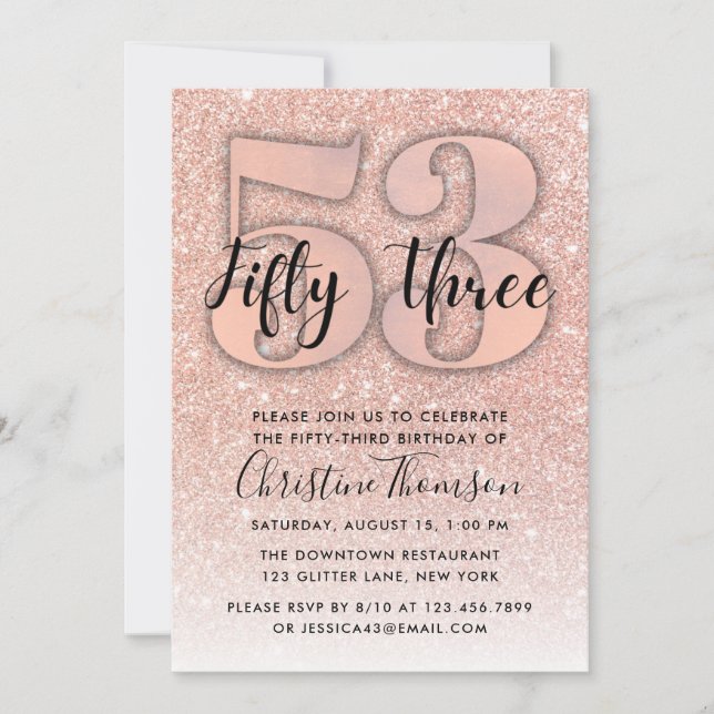 Rose Gold Glitter 53rd Birthday Invitation (Front)