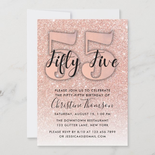 Rose Gold Glitter 55th Birthday Invitation (Front)