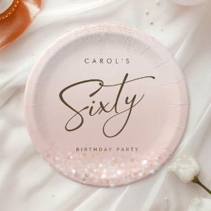 Rose Gold Glitter 60th Birthday Party Round Paper Plate