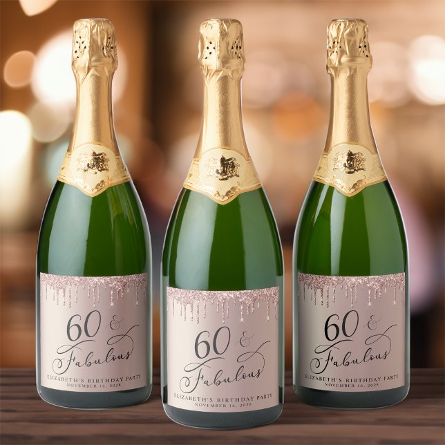 Rose Gold Glitter 60th Birthday Party Sparkling Wine Label (Creator Uploaded)