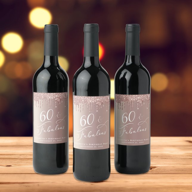 Rose Gold Glitter 60th Birthday Party Wine Label (Creator Uploaded)