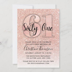 Rose Gold Glitter 61st Birthday Invitation