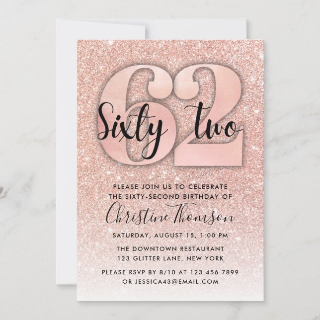 Rose Gold Glitter 62nd Birthday Invitation (Front)