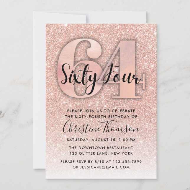 Rose Gold Glitter 64th Birthday Invitation (Front)
