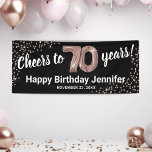 Rose Gold Glitter 70th Birthday Banner<br><div class="desc">Elegant seventieth birthday party banner featuring a stylish black background that can be changed to any colour,  rose gold sparkly glitter,  seventy rose gold hellium balloons,  and a modern 70th birthday celebration text template that is easy to personalise.</div>