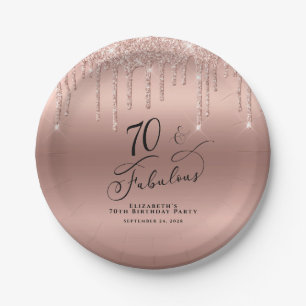 Rose Gold Glitter 70th Birthday Party Paper Plate