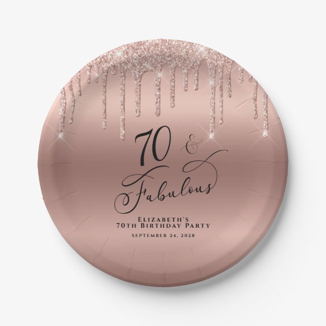 Rose Gold Glitter 70th Birthday Party Paper Plate (Front)