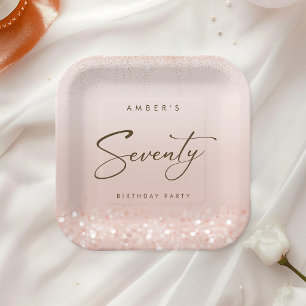 Rose Gold Glitter 70th Birthday Party Paper Plate