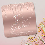 Rose Gold Glitter 70th Birthday Party Square Paper Coaster<br><div class="desc">Chic custom coasters for her 70th birthday party featuring "70 & Fabulous" in a white calligraphy script,  a rose gold faux foil background and dripping rose gold faux glitter. Perfect for table decor that guests can take home as a souvenir party favour.</div>