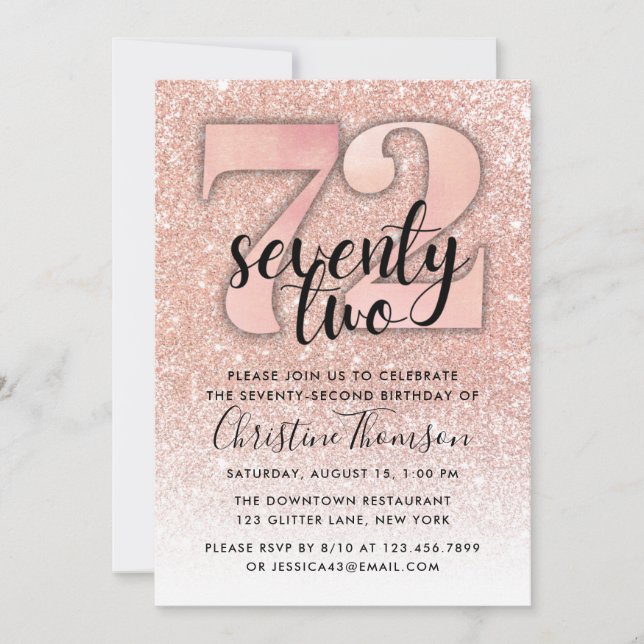 Rose Gold Glitter 72nd Birthday Invitation (Front)