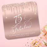 Rose Gold Glitter 75th Birthday Party Square Paper Coaster<br><div class="desc">Chic custom coasters for her 75th birthday party featuring "75 & Fabulous" in a white calligraphy script,  a rose gold faux foil background and dripping rose gold faux glitter.</div>
