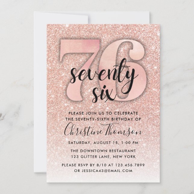Rose Gold Glitter 76th Birthday Invitation (Front)