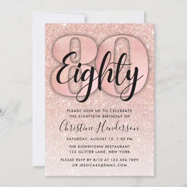 Rose Gold Glitter 80th Birthday Invitation (Front)