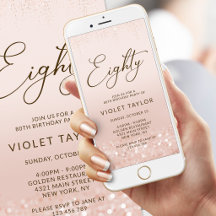 Rose Gold Glitter 80th Birthday Mobile Invite